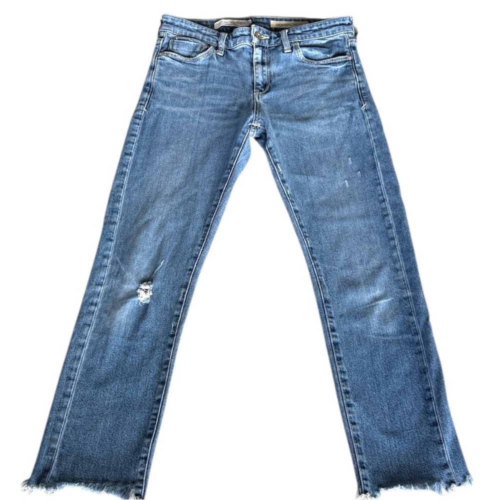 Pilcro x Anthropologie Slim Boyfriend Blue Distressed Denim Jeans Mid Rise Sz 27